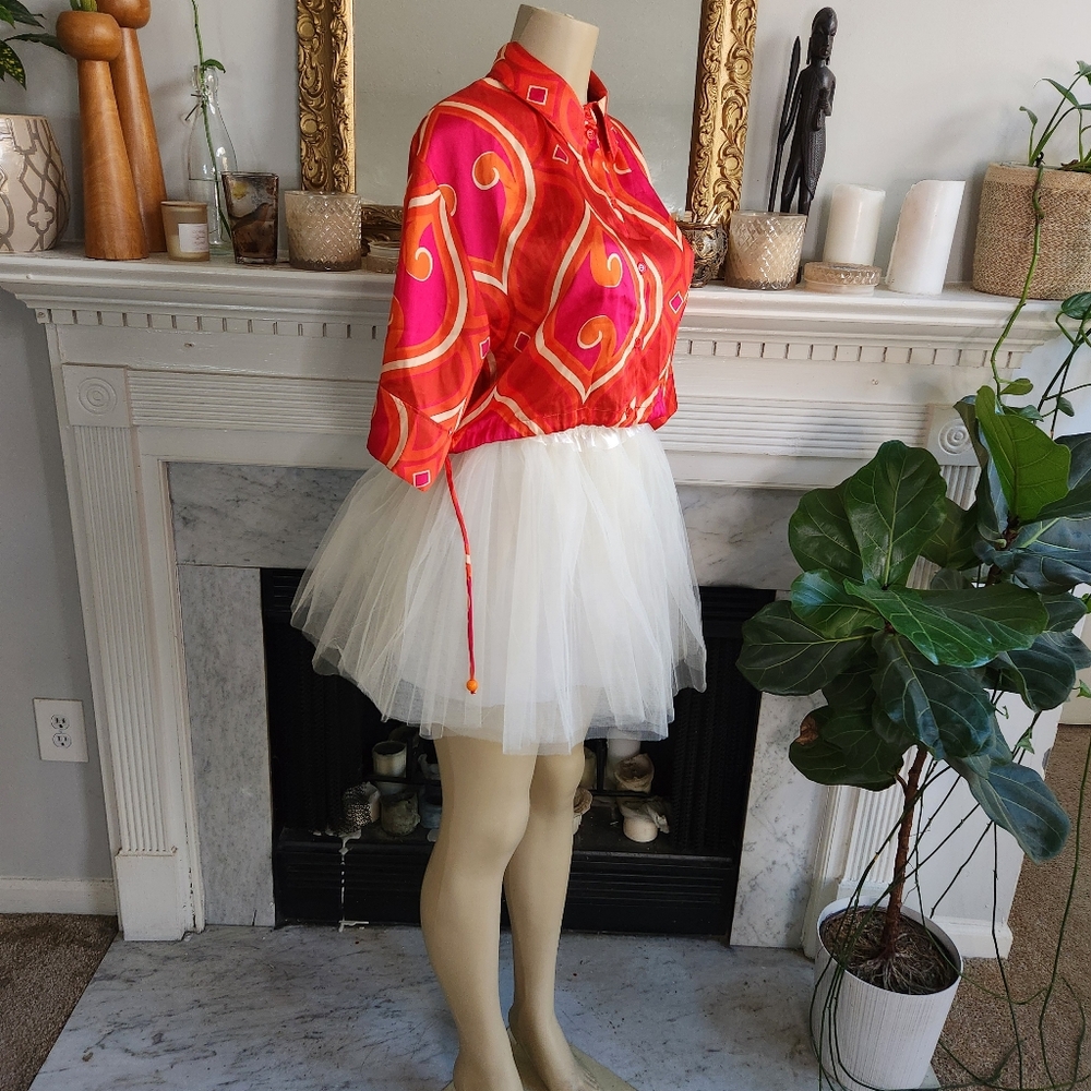 Zara Pink Cropped Satin Shirt Size Small Orange Beige Psychedelic Hippie - Picture 3 of 15